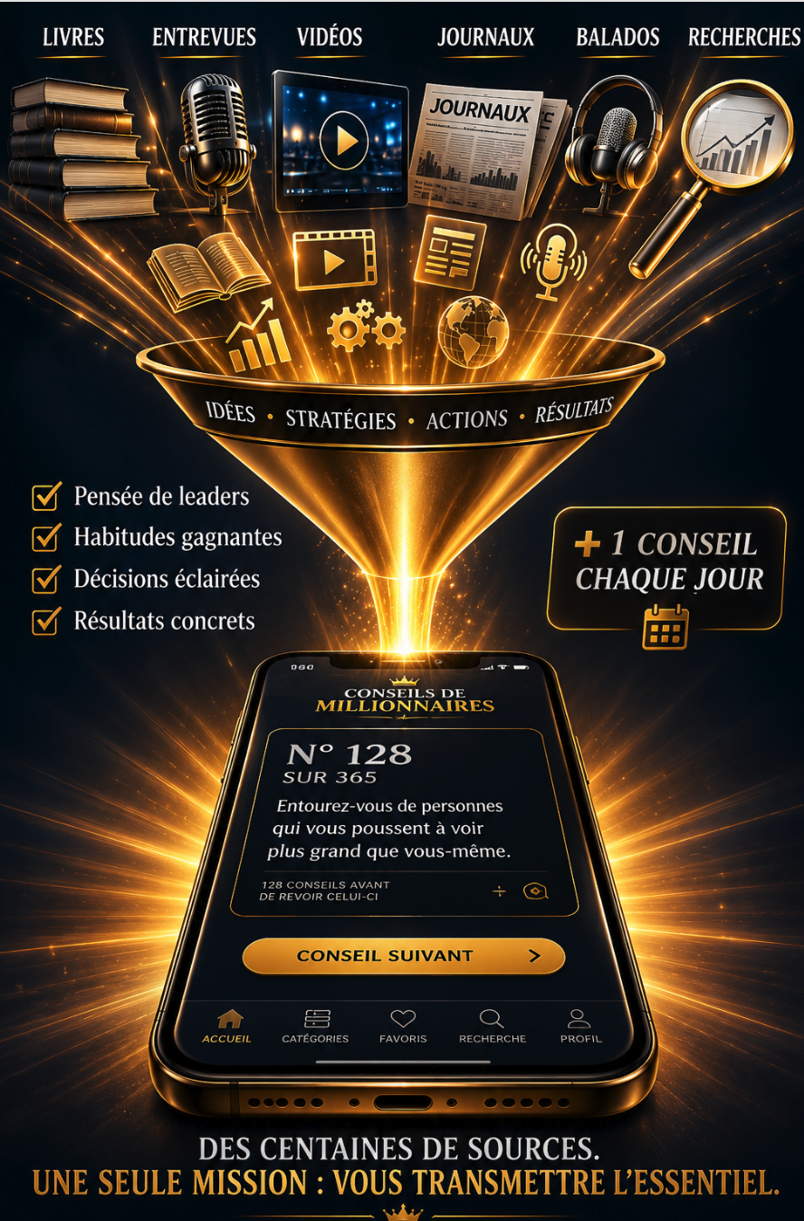 Livres, entrevues, vidéos, journaux, balados et recherches réunis dans un entonnoir qui alimente l'application 365 Conseils de Millionnaires.