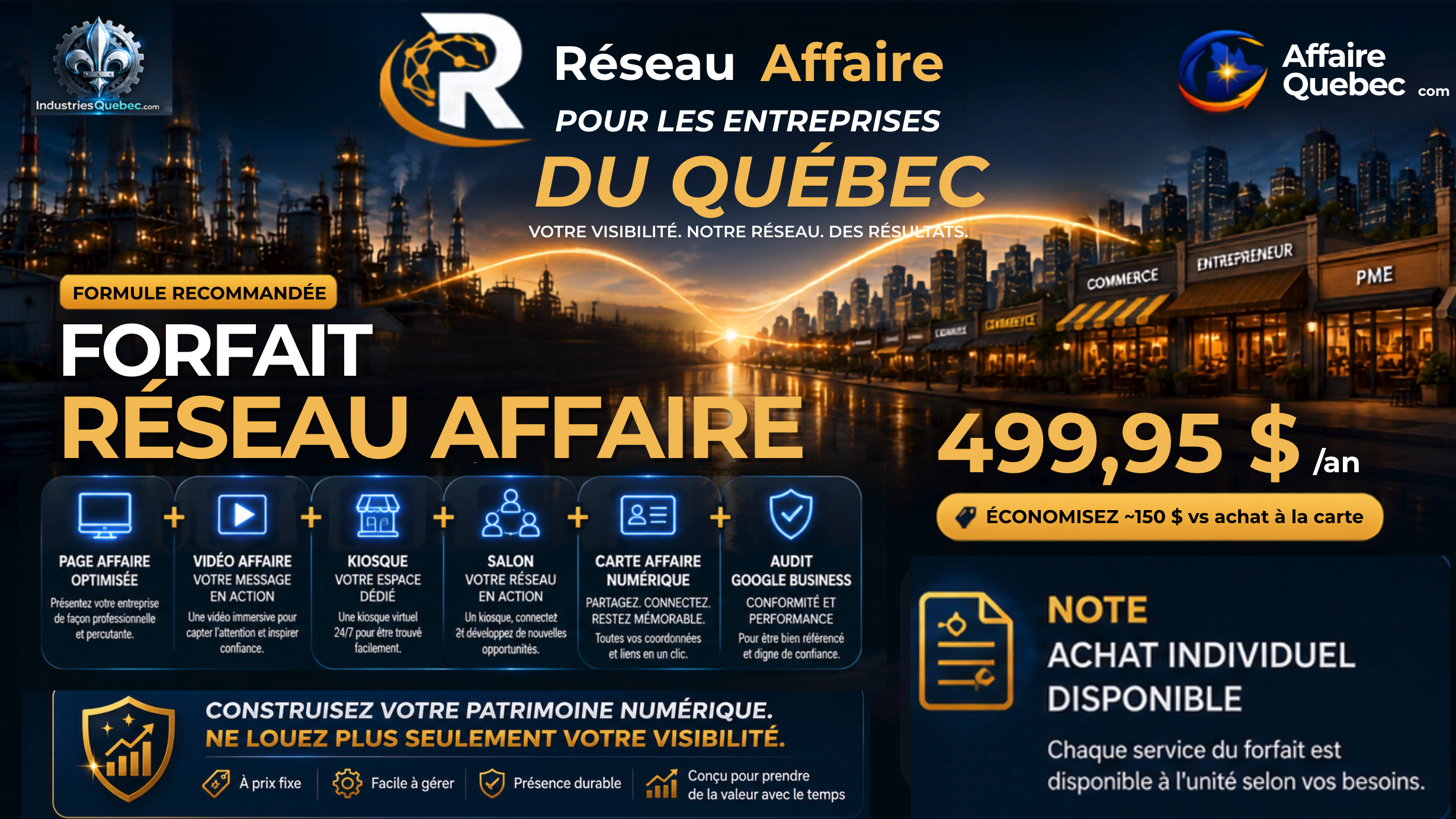Forfait Affaire Numérique — 499,95$/an — Page Affaire, Vidéo Affaire, Kiosque, Salon, Carte Affaire, Audit